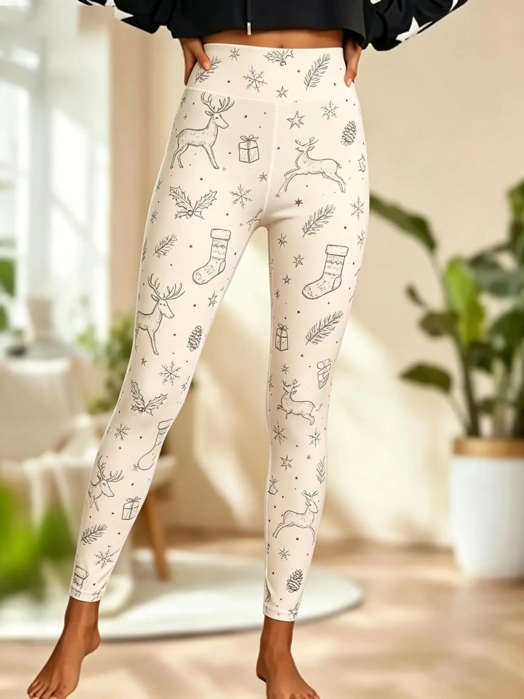 Women Mid Waist Fleece Lined Leggings Christmas Line‑art Reindeer Stocking Gift Snowflake Print Slim Stretch Holiday Trousers