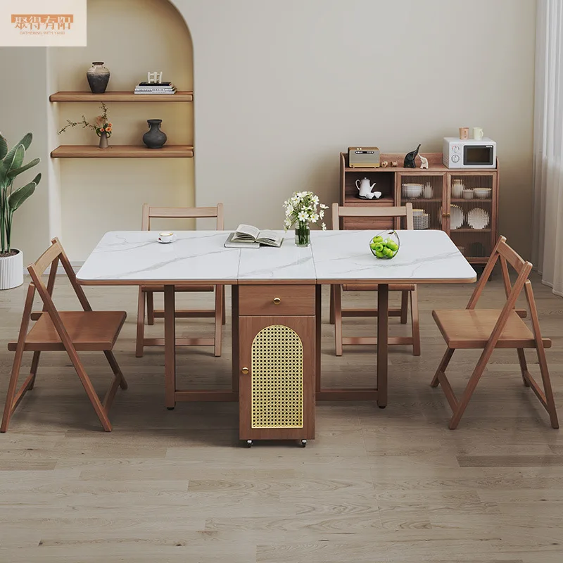 Small household slate solid wood dining table folding dining table and chair combination