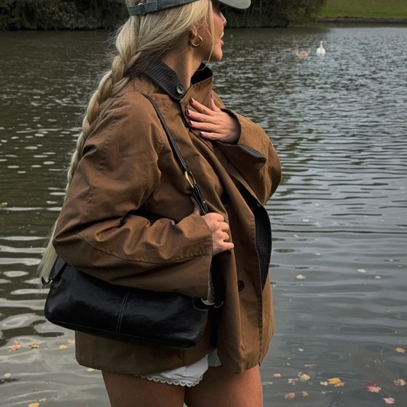 เสื้อแจ็คเก็ตสีกากีแบบซิปสองด้านสำหรับผู้หญิง เสื้อแจ็คเก็ตสำหรับฤดูใบไม้ร่วง เสื้อโค้ทครอปสำหรับผู้หญิง เสื้อคลุมกันลมแบบใหม่ในหมวดเสื้อโค้ทและแจ็คเก็ต