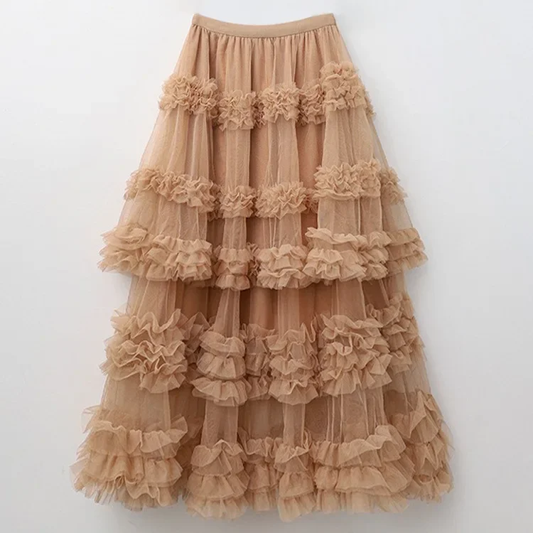 New High-Waisted A- Line Long Dress Multi-Layer Cake Skirt Puff Skirt Versatile Solid Color Cross-Border Design For Women