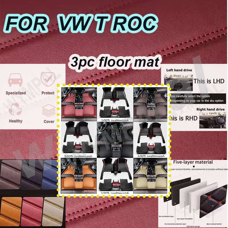 

LUXURY Car Floor Mats For VW T ROC 2020~2022 AUTO DropShipping Center Interior Accessories Leather Carpets Rugs Foot Pads