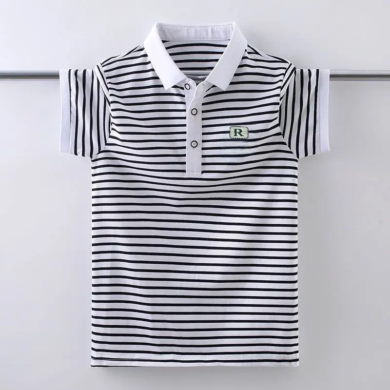 

Детская футболка-поло из 100% хлопка с коротким рукавом, летняя, в полоску, стильная