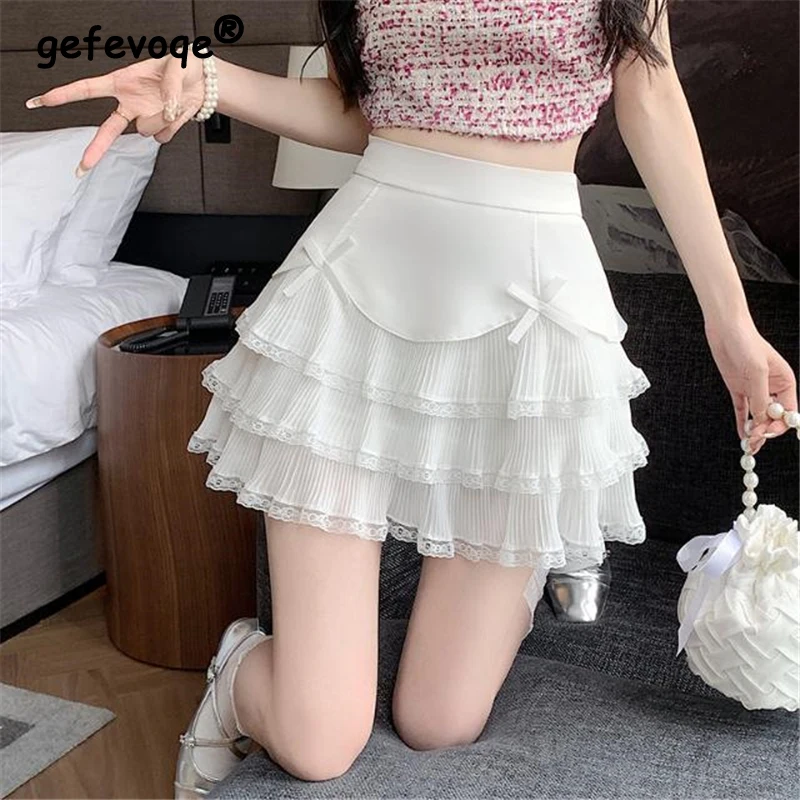 2023 Summer Women Clothes Lace Patchwork Bow High Waist Kawaii Sweet Skirts Girl Harajuku Y2K Gothic Sexy Solid Party Mini Skirt