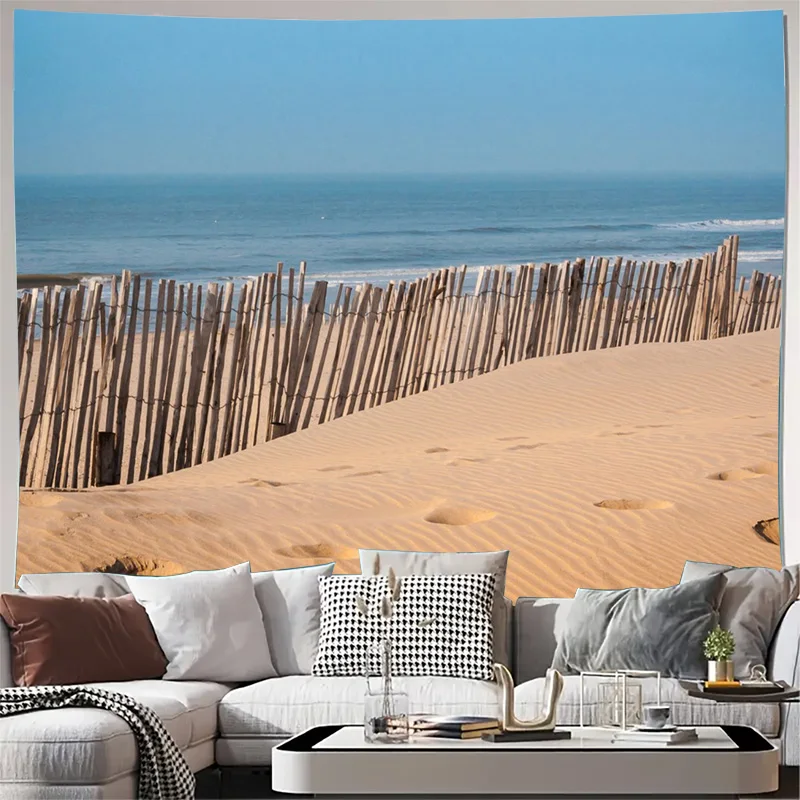 Tapiz Grande con Escena de Playa, Decoración de Pared, Arte Costero con Madera Flotada, Lienzo Boho Náutico, Decoración Tropical para el Hogar