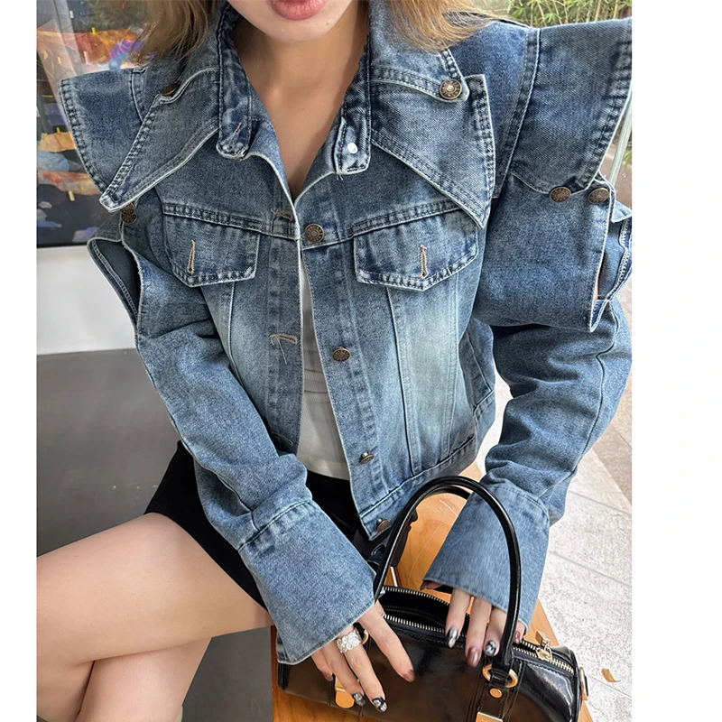 

Stylish Cut Shoulder Jeans Jacket Coat Harajuku Y2K Loose Casual Cropped Tops Coat American Style Street Blue Denim Coat Girls