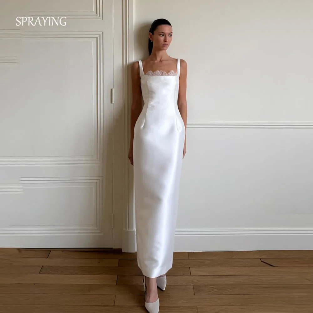 SPRAYING Elegant White Square Collar Customized Wedding Party Sleeveless Satin Mermaid Bridal Gown Ankle-Length Wedding Gown