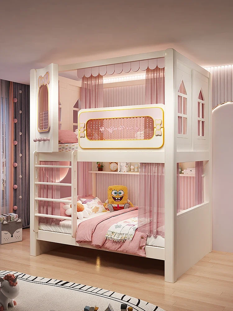 Children's bed with double layered upper and lower bunks, high and low treehouse bed, mother bed with the same width above