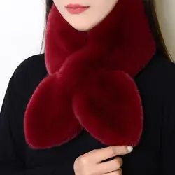 Cute Cross Scarf Neckerchief Wrap Neck Warmer Solid Color Faux Rabbit Fur Plush Thicken Winter Warm Shawl Women Girls Elegant