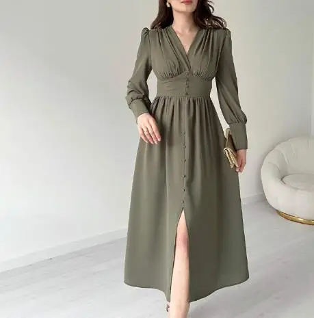 

Womens Dresses 2025 Spring Summer New Solid Color V-Neck Long Sleeve Multi Button Split Splicing High Waist Casual Long Dress