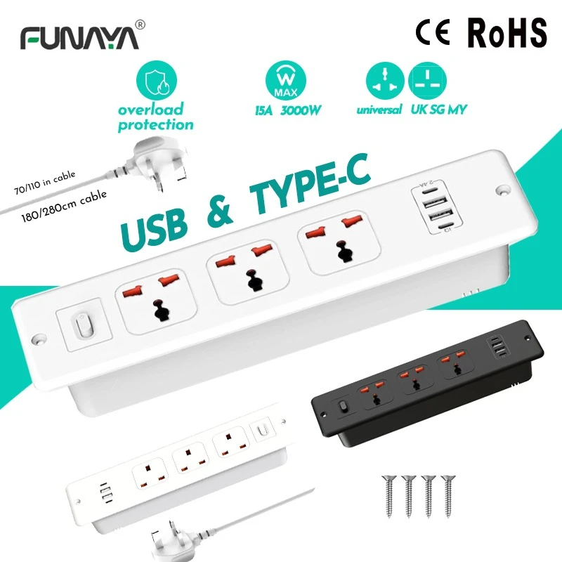 FUNAYA UK SG Embedded Desktop Socket-universal Recessed Desk Built-in Countertop Socket 4USB Type-c Switch Overload Protection