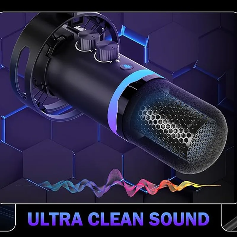 붐 암 스탠드가 있는 USB 게이밍 마이크, 노이즈 캔슬링 기능이 있는 콘덴서 RGB 마이크, 녹음, 모니터링, 팟캐스트, 컴퓨터용 썸네일 5