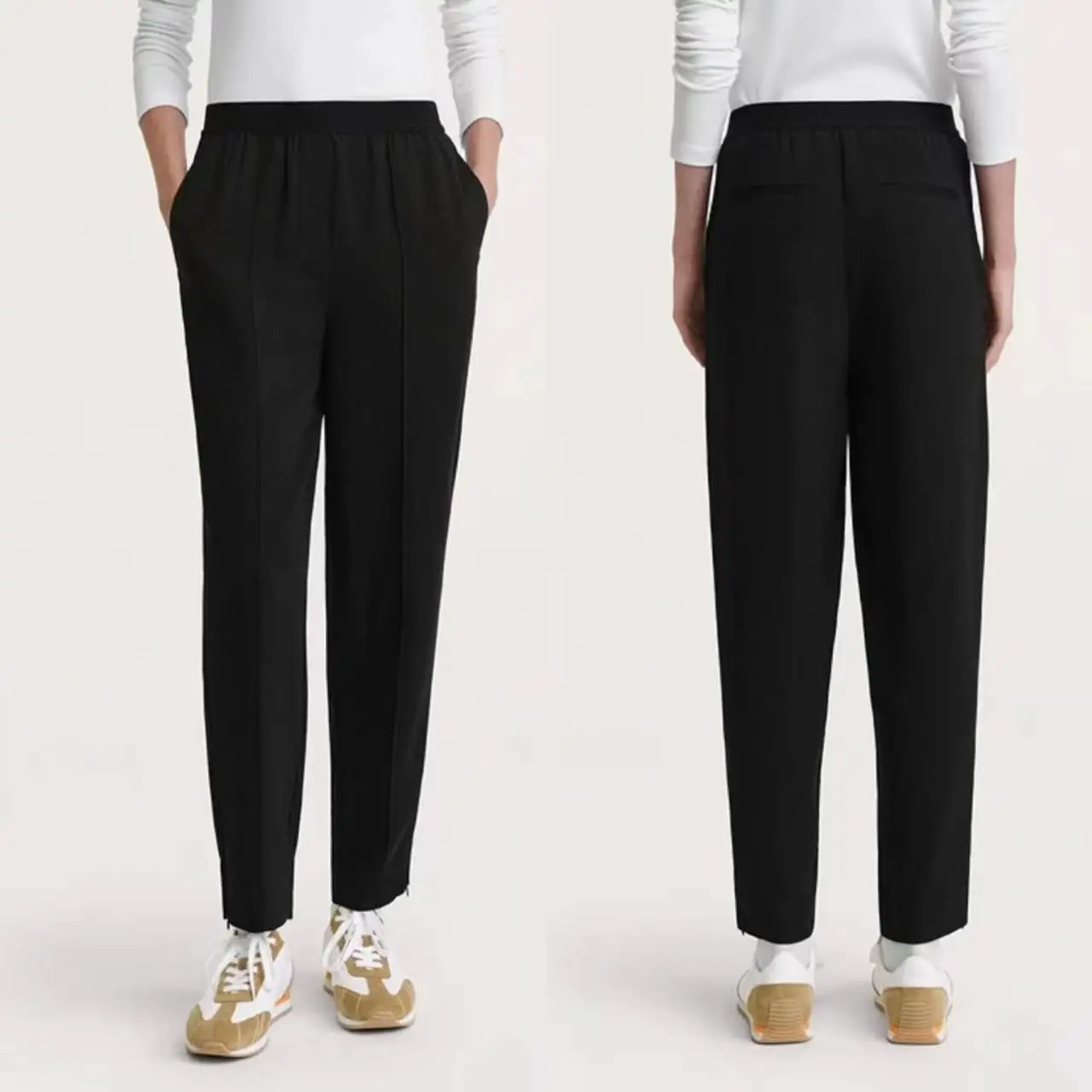 

TO*T Women's Trousers Black Pants Viscose Blended Elastic Waist Small Straight Leg Zipper Casual Trousers