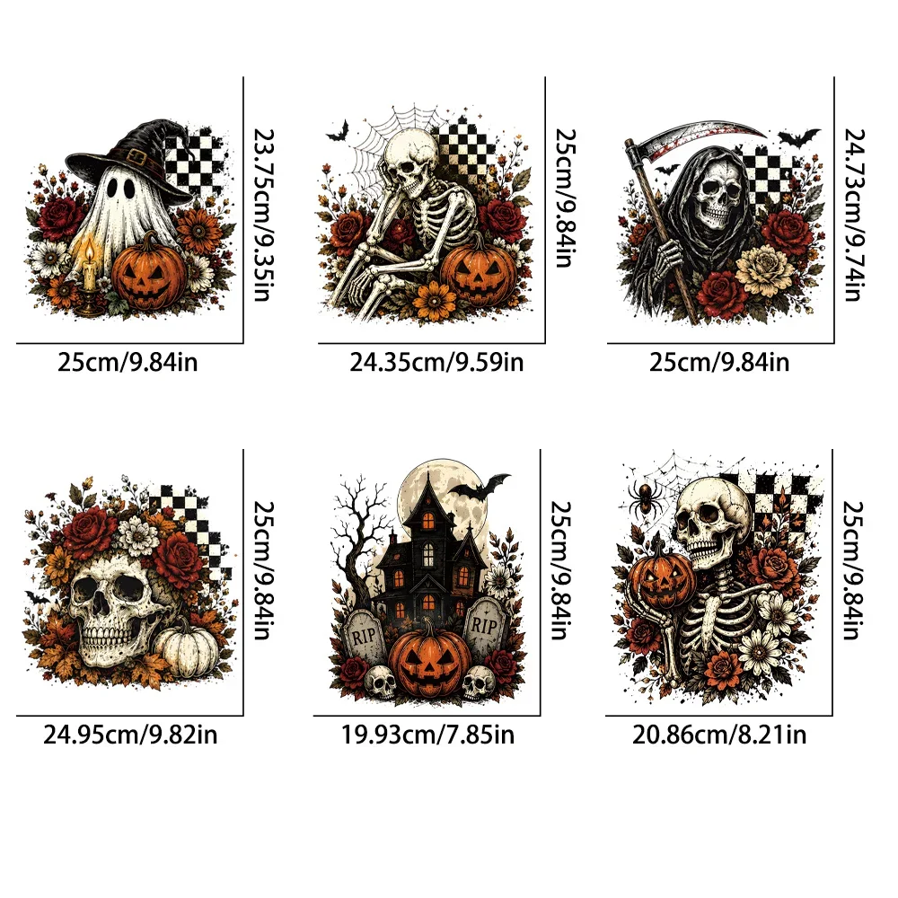 6Pcs Vintage Halloween Skeleton Heat Transfer Vinyl Iron On Stickers, Washable No Peeling DIY Patches for Clothing, Hoodies