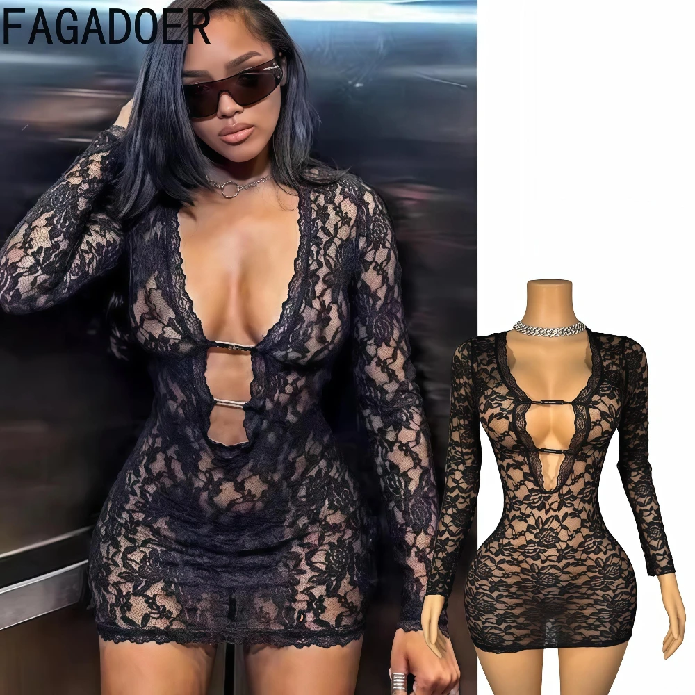 

FAGADOER Sexy Lace Mini Dress for Women Black Hollow Out See Through Bodycon Dresses Female Party Clubwear Clothing 2025 New