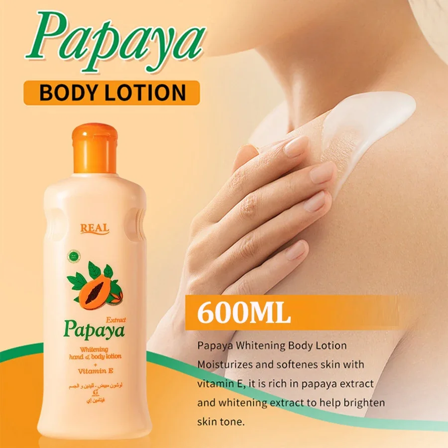 Papaya Vitamin E Körperlotion, aufhellend, feuchtigkeitsspendend, nährend, weich, glatt, 600 ml, koreanische Hautpflege