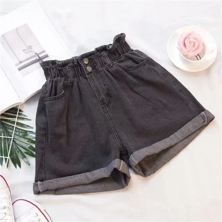 Summer Women's Shorts Korean Fashion Blue Cotton Denim Shorts Female Elastic Waist Loose Casual Wide Leg Shorts for Women