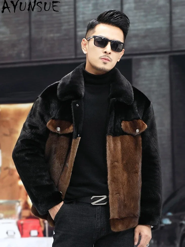 AYUNSUE Luxury Real Mink Fur Coat Men Winter Jacket 2025 Fashion Slim Mink Real Fur Coats and Jackets Fashion Casaco Masculino S