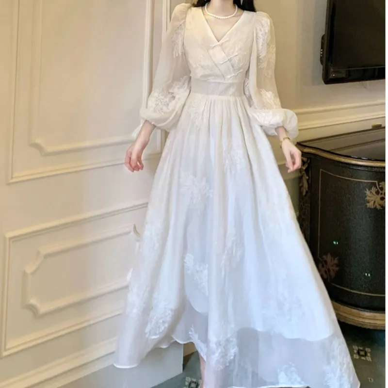 High Quality New Chinese Style Floating Flower Embroidery Dress Long Sleeve Waist Temperament Long Dress