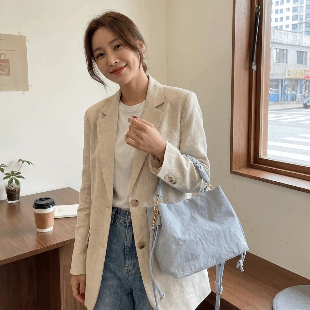 Elegant PU Drawstring Bucket Bag Woven Top Handle Removable Strap Crossbody Bag Lightweight Adjustable Handbag Date