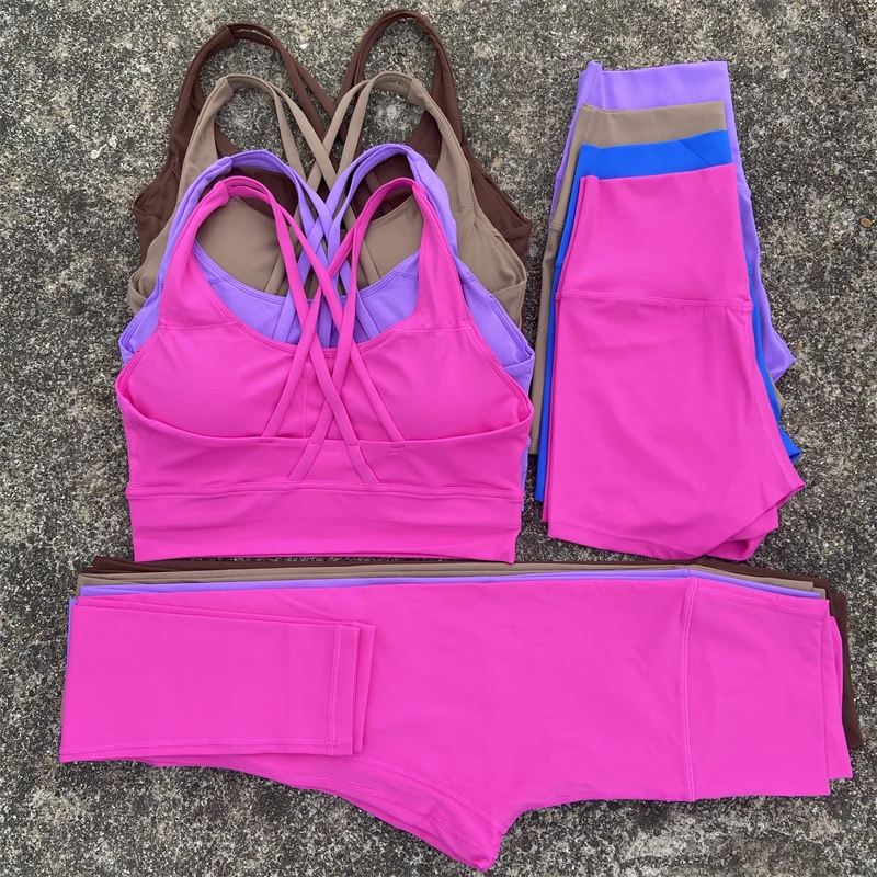 

3 Piece Gym Sports Set Women Yoga Set Workout Outfit Suit Cross Straps Fitness Bra High Waist Shorts Leggings Running Tracksuit