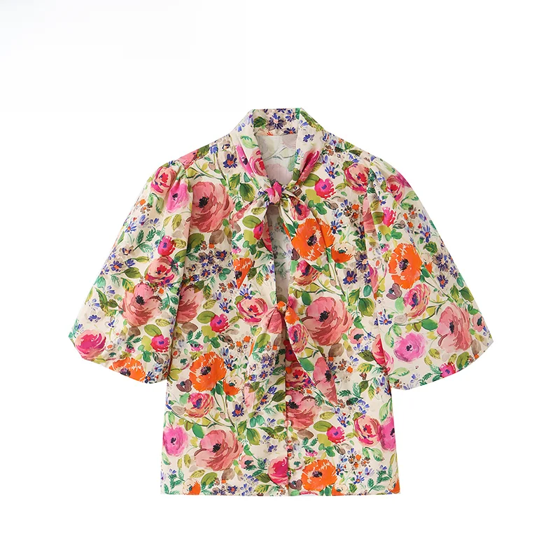 

Fashionable Knot Decorated Flower Print Shirt ZR Spring New Arrival Women's Polyester Short Sleeve Shirt Polyester ...