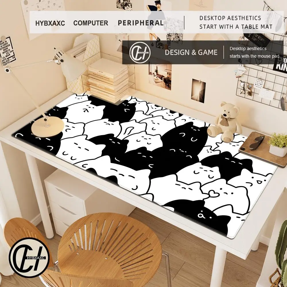 Cute Doodle Cat Large Mouse Pad, Kawaii Cartoon Kitten with Blush Hearts Stars, Non-Slip Desk Mat for Gaming Office Decor