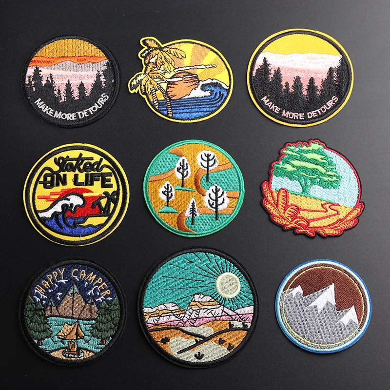 Circular Forest, Waves, and Peaks Scenery camp Patches Cloth Embroidered Applique Sewing  Iron On Clothes Accessories