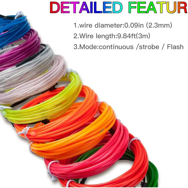 1/3 متر 9ft EL سلك النيون متوهجة Strobing الكهربائية ضوء El سلك بطارية حزمة للحفلات لوازم الديكور هالوين