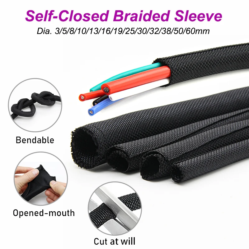 

1/2/3/5/10m Black Self Closed PET Braided Cable Sleeve Management Auto Line Overlaps Flexible Loom Split Wire Wrap Organizer