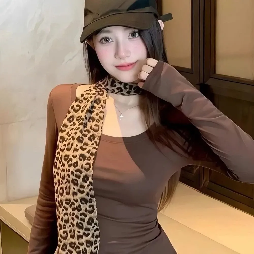 

Шарф с узким полосом и леопардовым принтом, коричневый леопардовый шарф двойного назначения, винтажный поясной шарф, украшение на талию, шелковый шарф, ремни