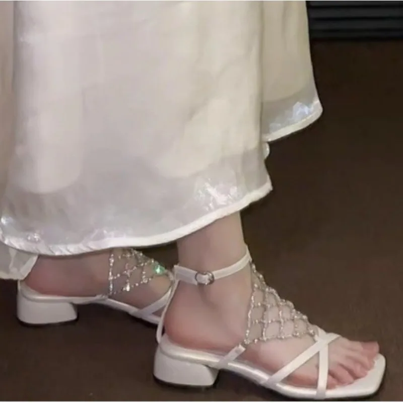 Temperament High Heels Women Summer Square Toe Open Toe Rhinestone Metal Mesh Strap Alien Heel Roman Sandals