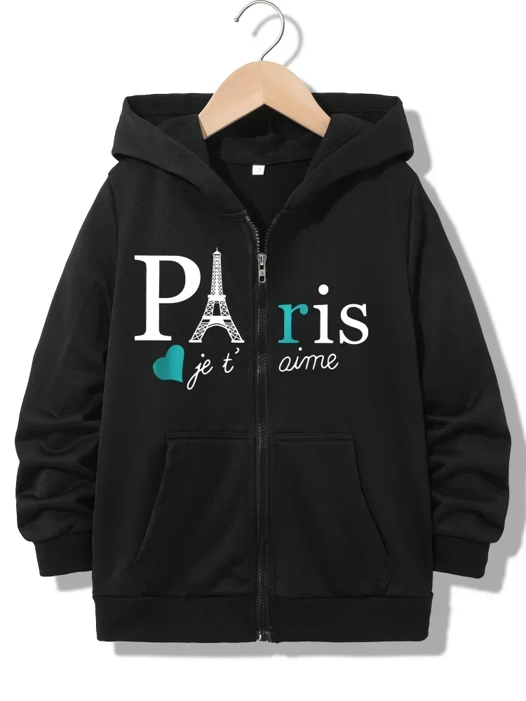 Kids Full Zip Hoodie Fashion Paris Tower French Slogan Graphic Long Sleeve Loose Hooded Outerwear For Little Girls Daily Wear