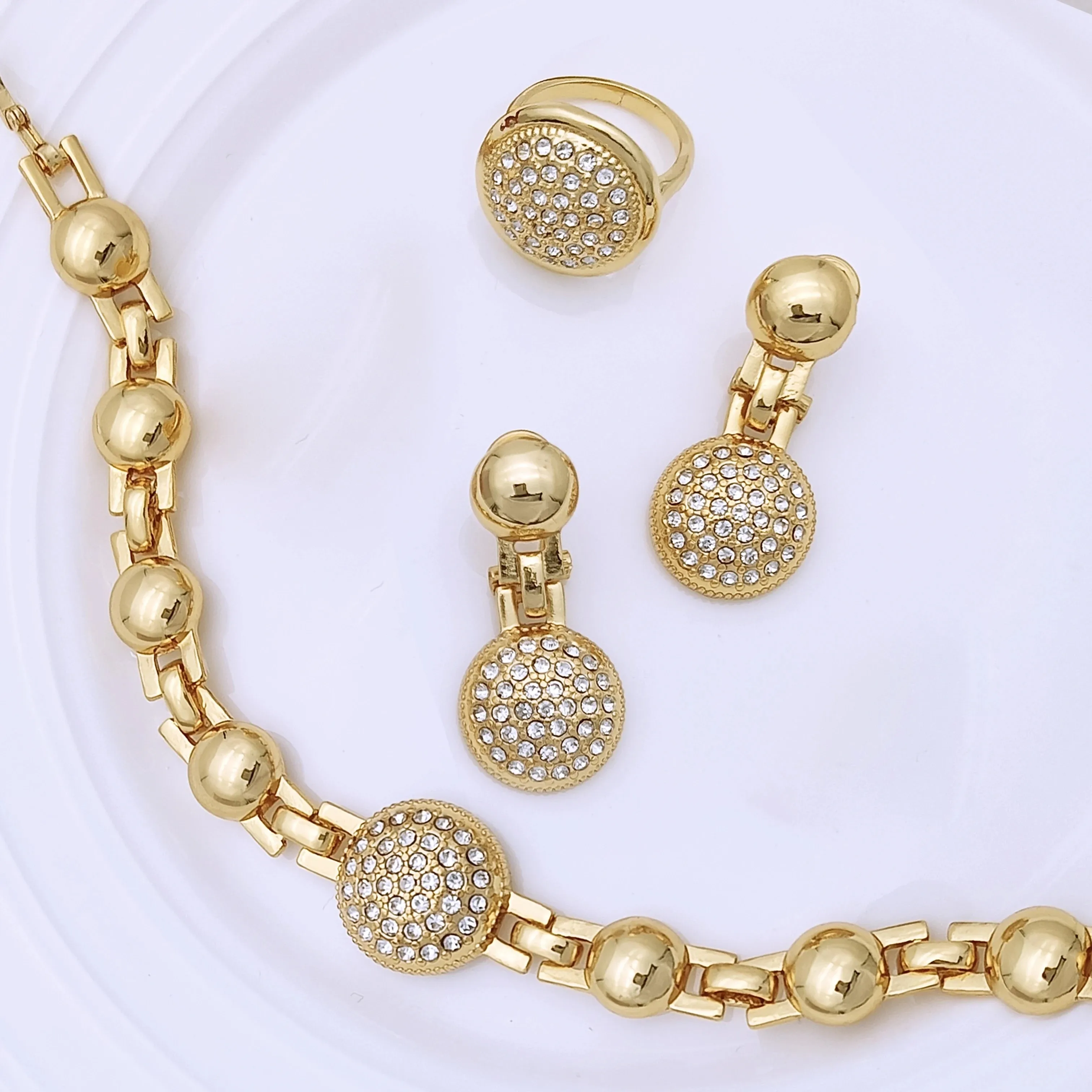 Classic Design Round Women Necklace Set Earrings Bracelet And Ring High Quality 18K Gold Plated Jewelry Set Wedding Party Gift