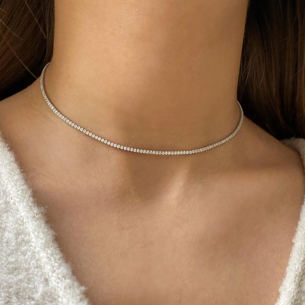 Full 2mm Moissanite Tennis Necklace Chain for Women 100% Original Certified S925 Sterling Silver Diamond Choker Neck Adjustable