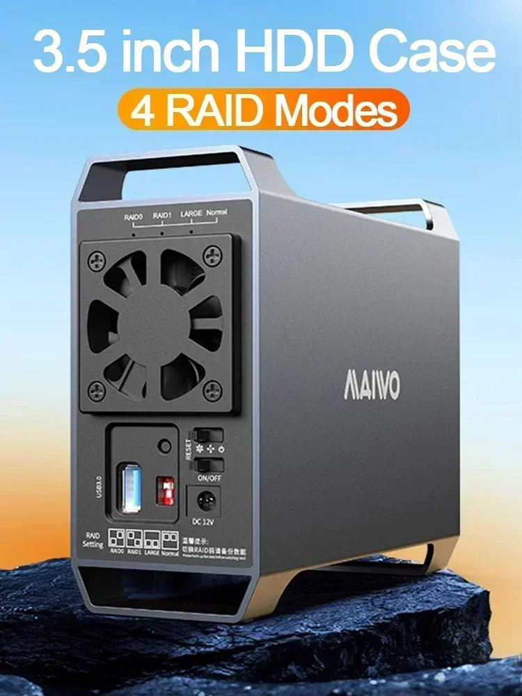 Obudowa MAIWO 2 Bay Raid na 2 dyski 3.5 cala SATA z 4 trybami Raid, adapter USB3.0 do dysków twardych o pojemności do 48 TB z wentylatorem chłodzącym — zdjęcie produktu 7