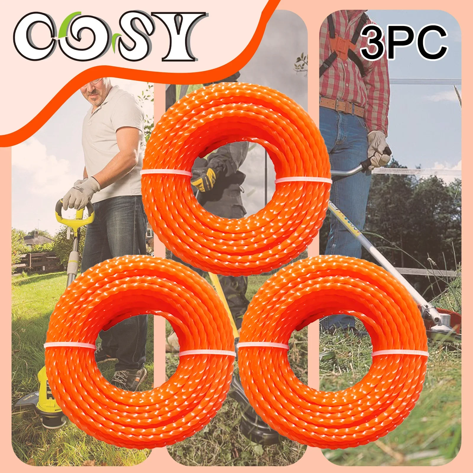 3PC15m*2.4mm/2.7mm/3mm/3.3mm/4mm Toughness universal Mowing Nylon Grass Trimmer Rope Brush Cutter Strimmer Line Mowing Wire Lawn