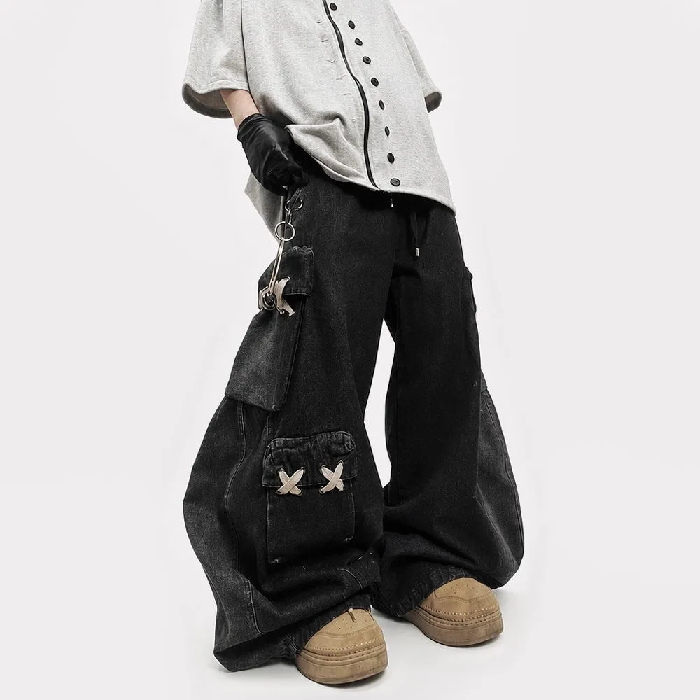 ARENS 2026 New Original Streetwear Multi Pockets Design Cross Wide Leg Denim Pants Men Stylish Baggy Trendy Casual Jeans