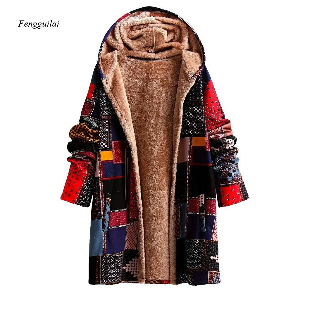 Vintage Inspired Patchwork Fleece Lined Hooded Jacket - Cozy Long Coat for Cold Weather, Women's Winter Outerwear