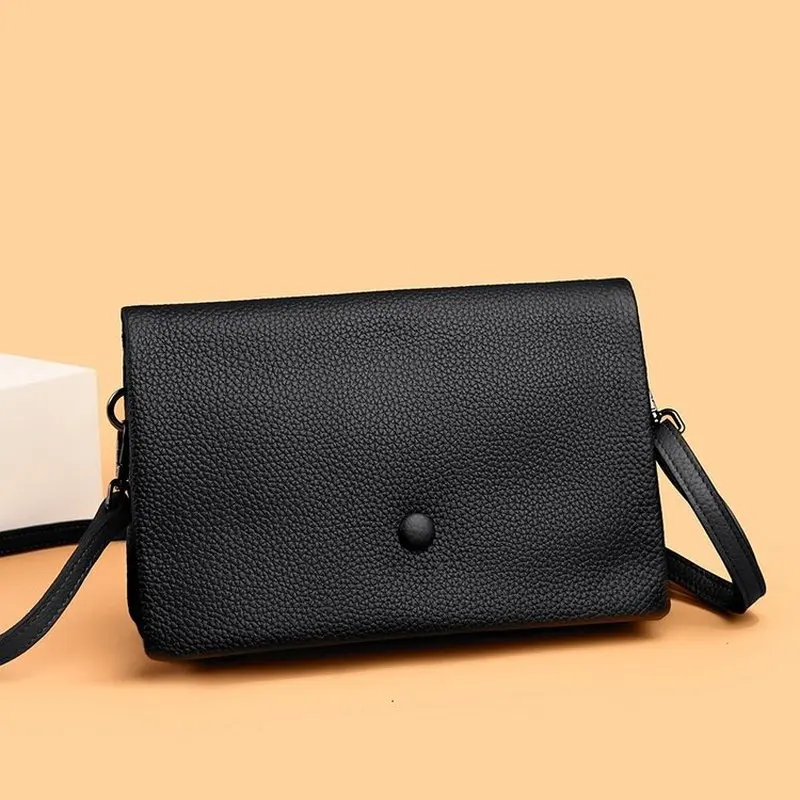 New genuine leather Women's shoulder crossbody bag ,simple top layer cowhide flip small square bag handbag, solid color envelope