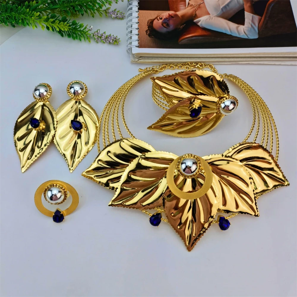 

EMMA Original Gold Plated 24K Big Leaf Choker Necklace Earrings Bracelet Classic Brazilian Style Woman Luxury Jewelry Set