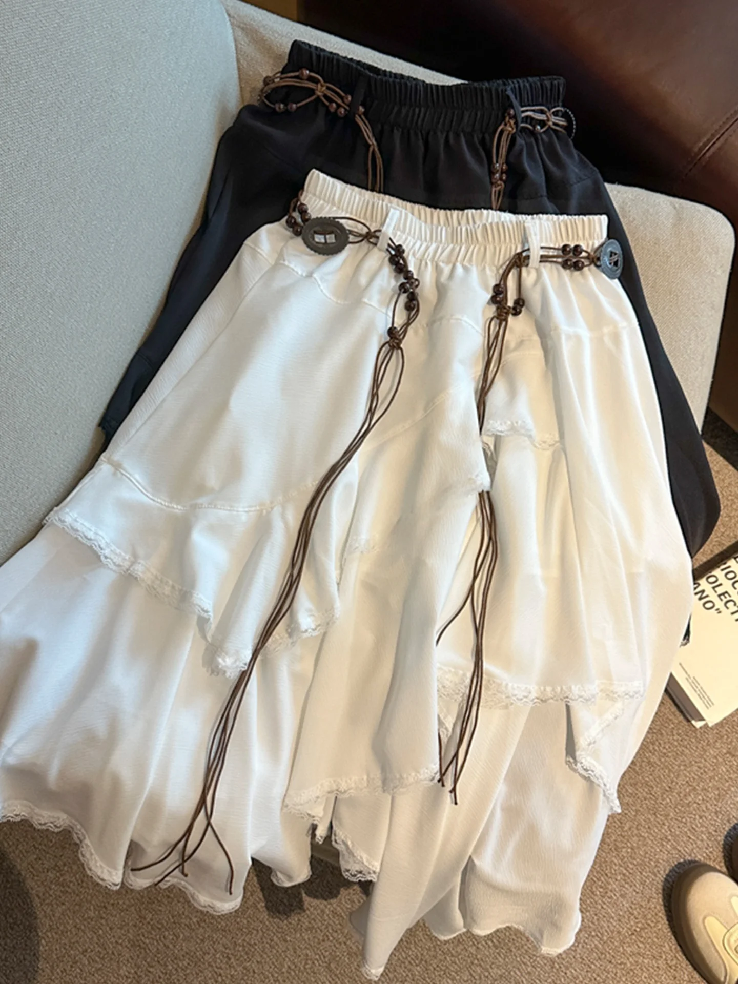 

Emily Clud High Waist A-Line Midi Skirt Irregular Hem Lace Trim Anti-Light Spring Summer Women's plus Size f Body Skirt