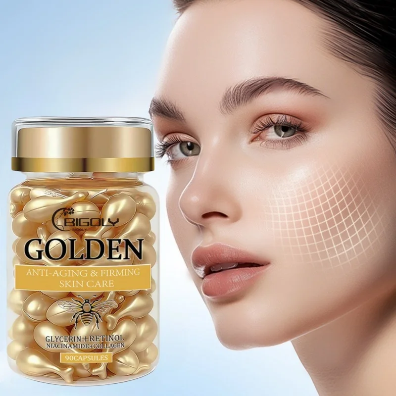 90Pcs Golden Skin Care Essence Capsules, Glycerin, Retinol, Collagen Firming Skincare, Non-Sticky