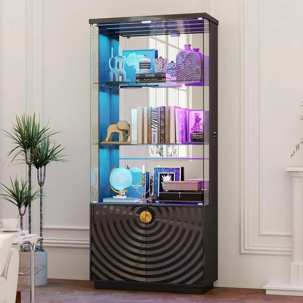 71 Glass Display Cabinet, 4-Tier Curio with 3-Color LED Lights, Lockable, Sensor-Activated, Tall Bookcase with Shelves & Door