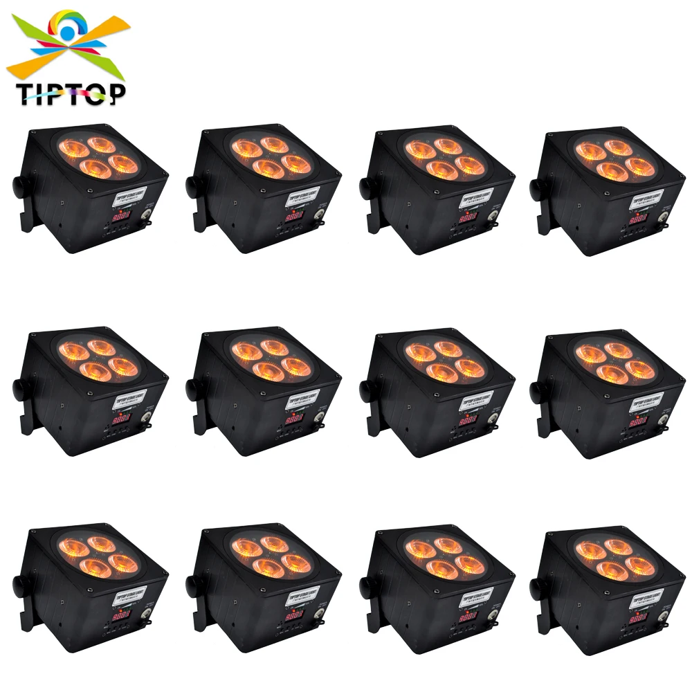 

12 Pack Aluminum Silver Shell 4x18W Battery Wireless 2.4G Mini Stage Led Par Light Square Design DMX512 Remote 4 Digital Display