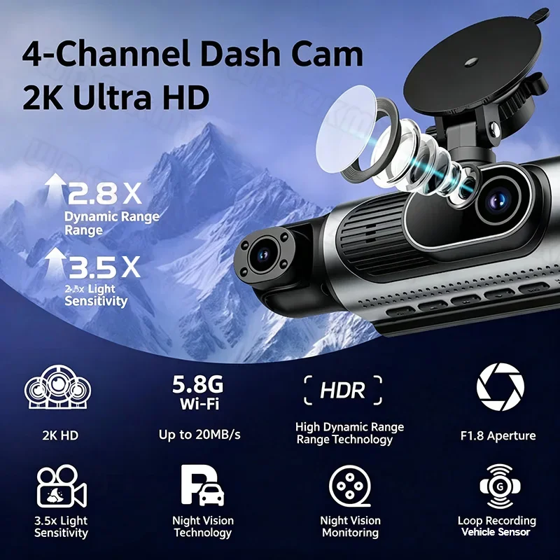 2K Four-Channel Dash Cam 360° Front Left Right Rear Car Camera Black Box Car DVR Video Recorder Night Vision 24H Parking