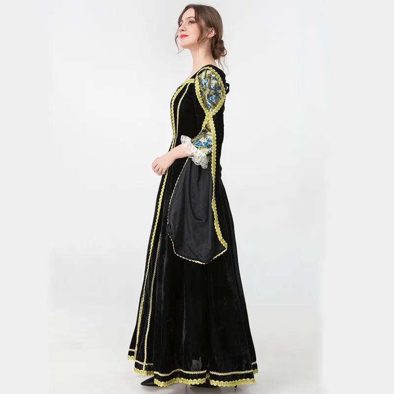 Palace Victoria Medieval Costume Women Cosplay Princess Velvet Flare Sleeve Party Long Robe Dress