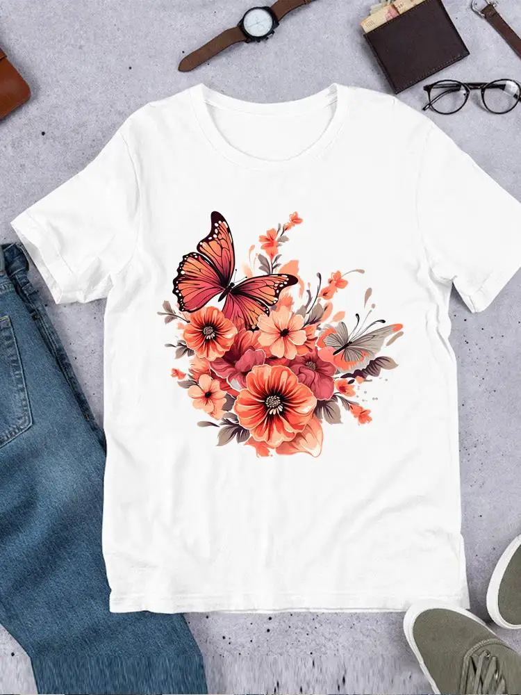 Women Short Sleeve T Clothes Casual Ladies Printed Fashion Female Feather Flower Floral Clothing Top Tee O-neck Printing T-shirt