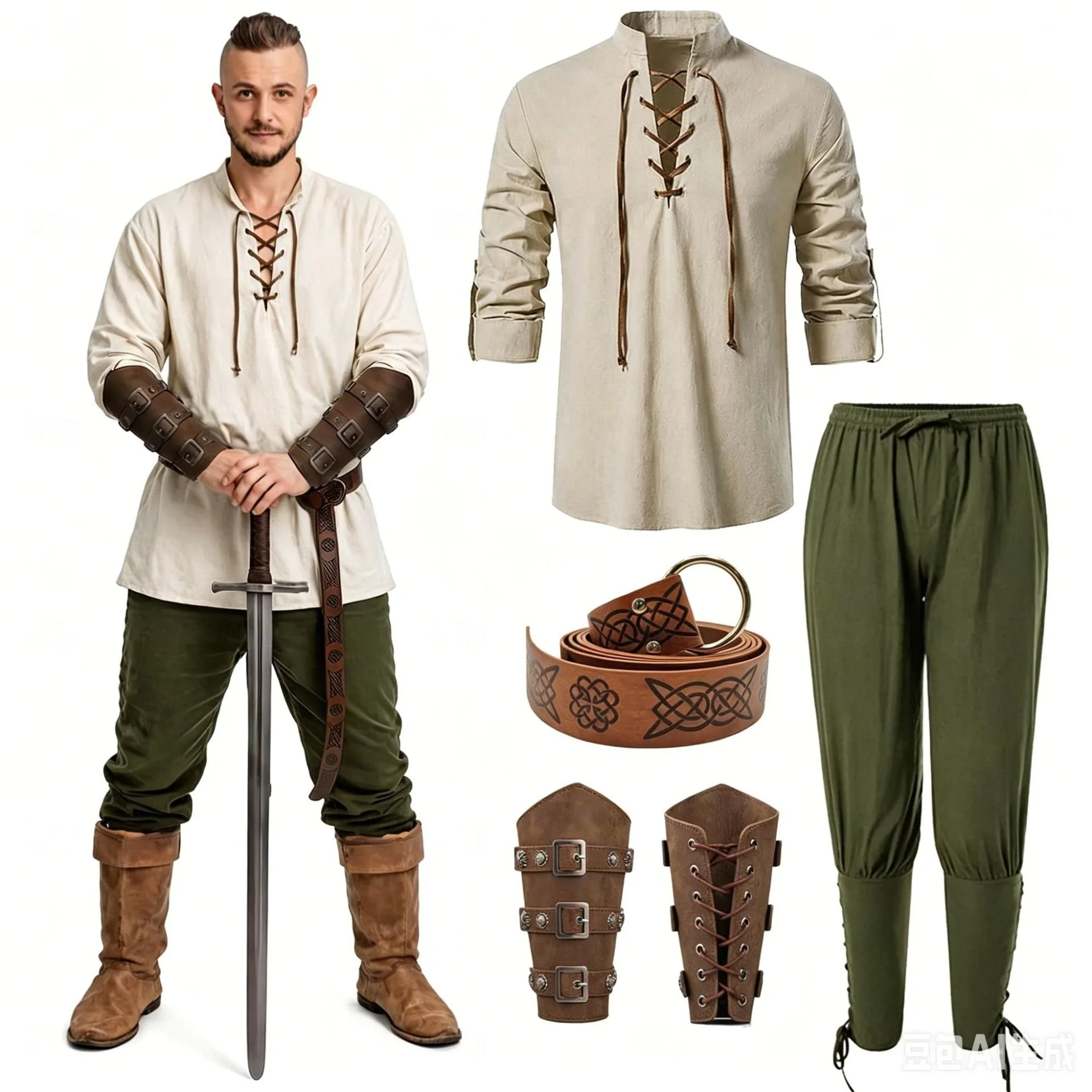 Männer Mittelalterliches Renaissance-Cosplay-Kostümset Halloween Karneval Hemd Hose Outfit Bühnenauftritt Ritter Krieger Faschingskostüm – Detail 10