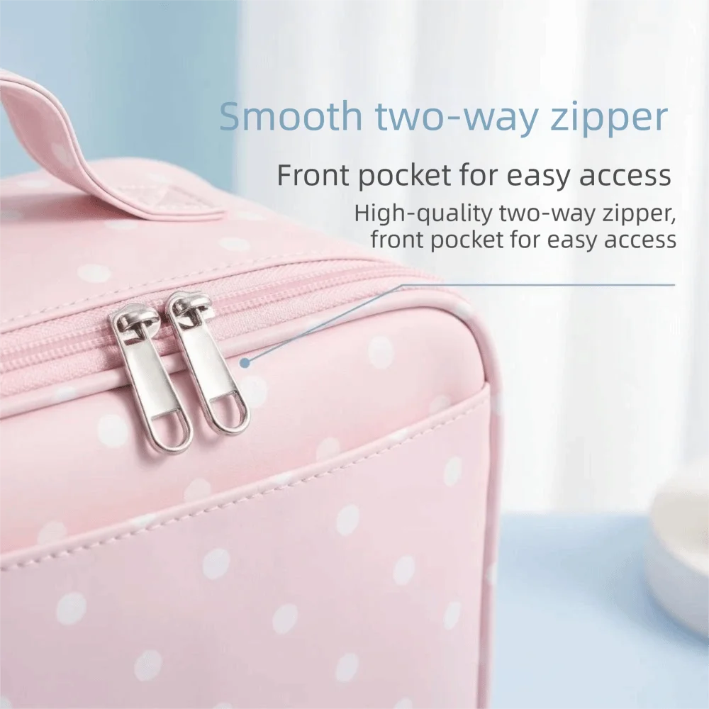Large Capacity Handheld Makeup Bag Polka Dot Sturdy Handle Portable Toiletry Pouch PU Leather with Mirror Cosmetics Handbag