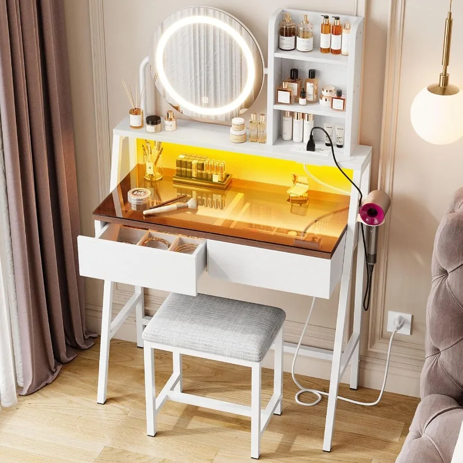 Vanity Desk with Mirror and Lights Makeup Vanity with Storage Shelf 2 Drawers Small Vanity with 3 Color Modes Brightness Adjust